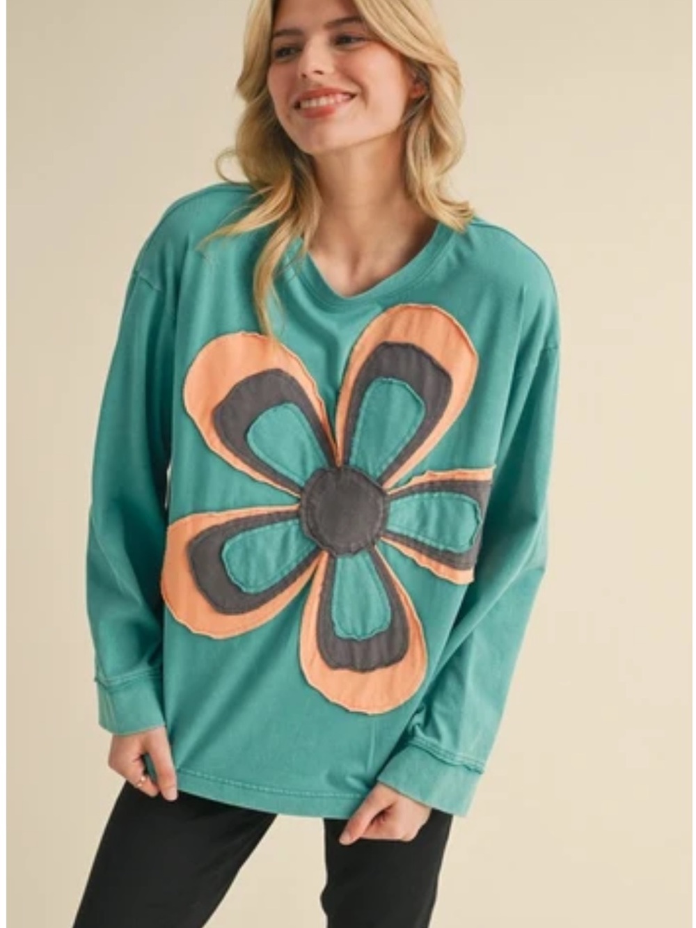 Jodifl Solid Color Top with Large Multi Color Flower Patch on Front in Teal